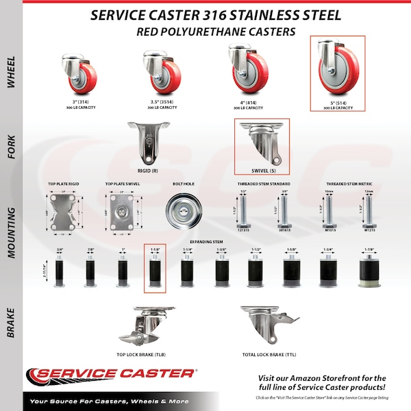 Service Caster 5 Inch 316SS Red Poly Swivel 1-1/8 Inch Expanding Stem Caster Brake SCC, 2PK SS316EX20S514-PPUB-RED-2-TLB-2-118 - main